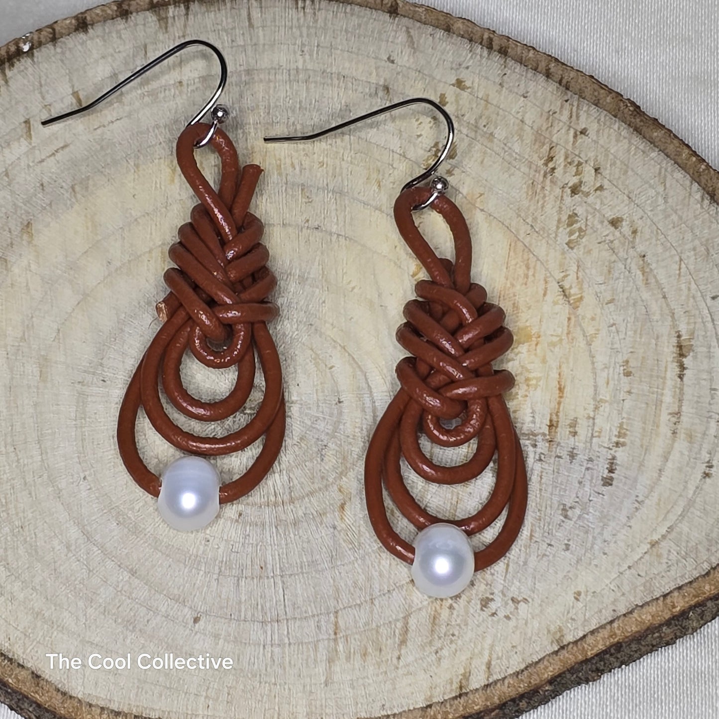 Handmade Jewelry; Pearls; Medium Brown Leather; Leather; Earrings; Tina Lucas; The Cool Collective; Woman-Owned Small Business