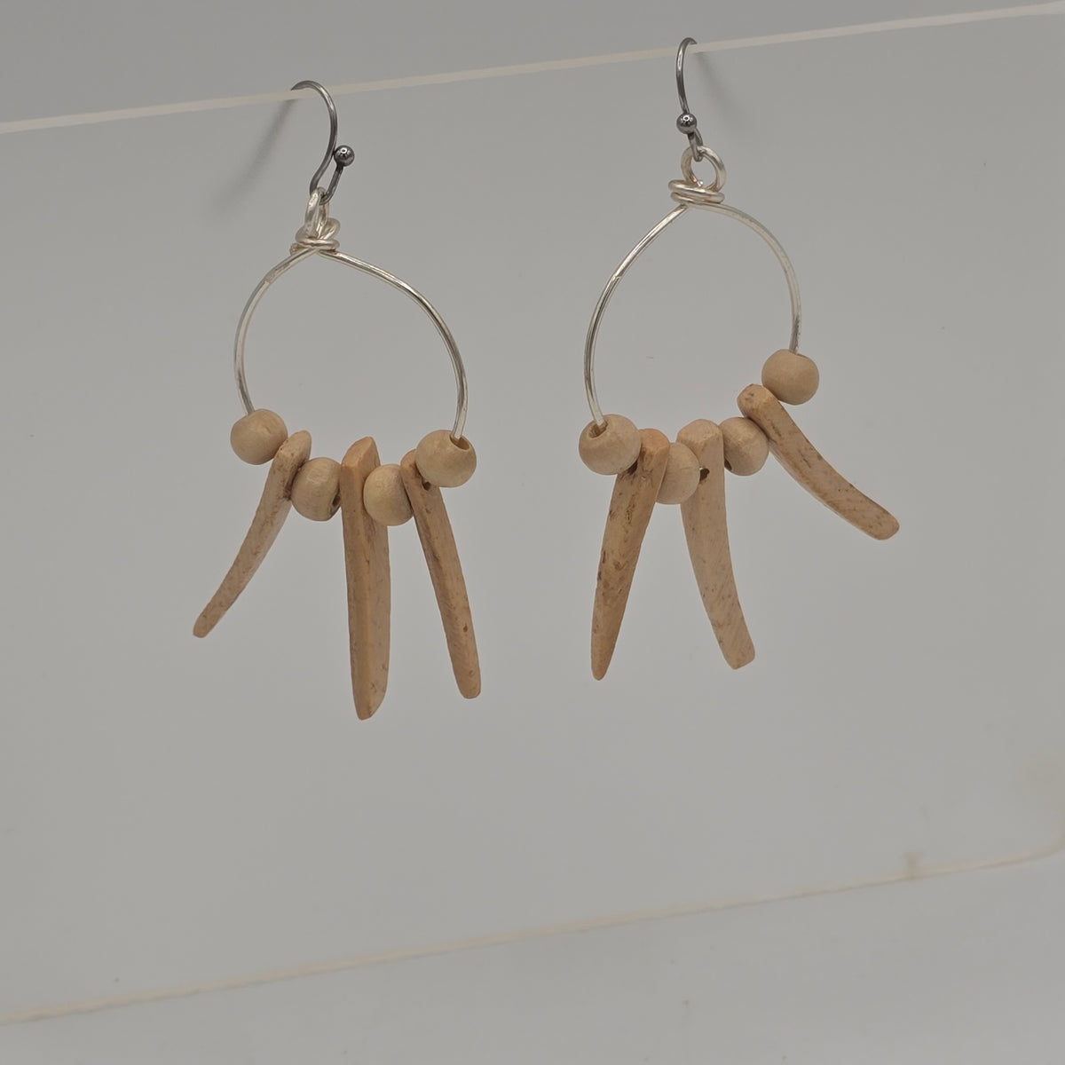 Small Wire Hoop Earrings With Cream Wood Spikes & Beads on Stainless Steel Ear Wires
