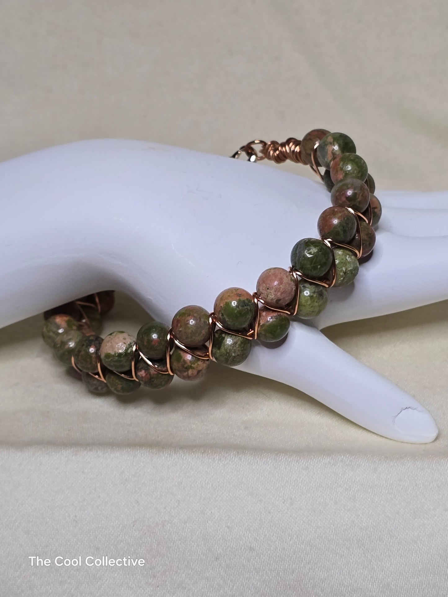 Handmade Jewelry; Unakite Bangle Bracelet; Copper Wire; Tina Lucas; The Cool Collective; Woman-Owned Small Business