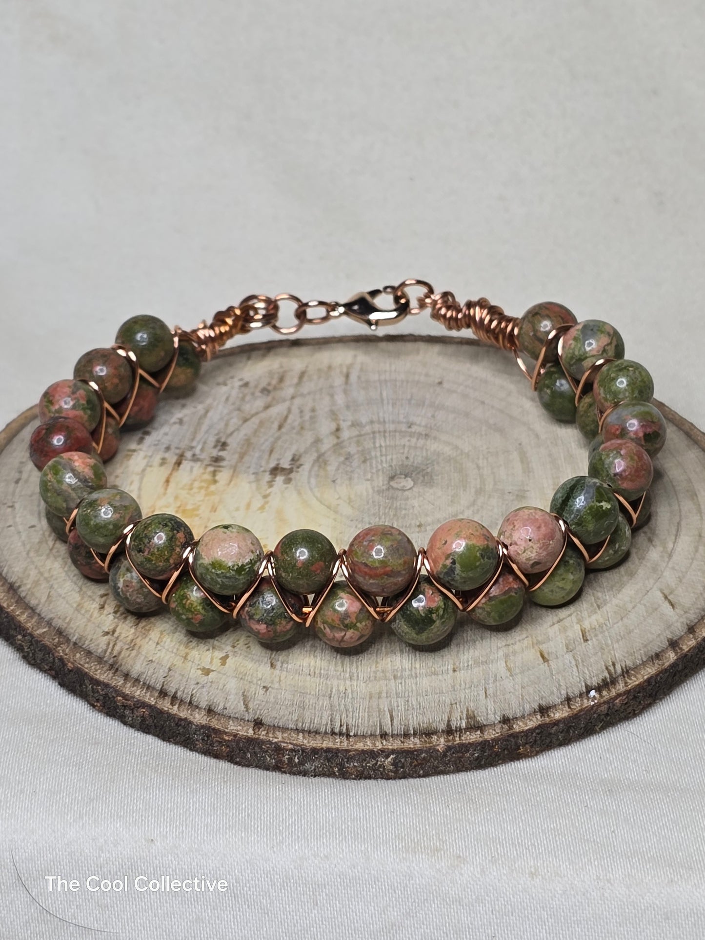 Handmade Jewelry; Unakite Bangle Bracelet; Copper Wire; Tina Lucas; The Cool Collective; Woman-Owned Small Business