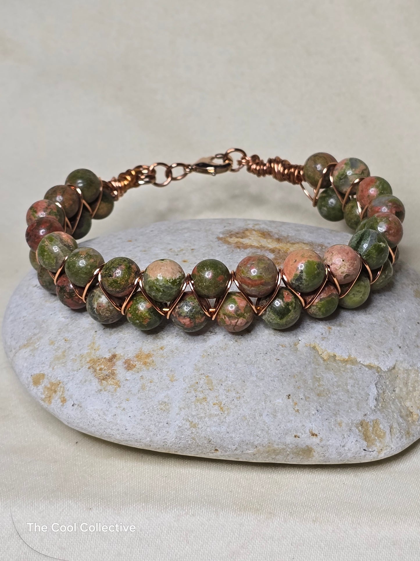 Handmade Jewelry; Unakite Bangle Bracelet; Copper Wire; Tina Lucas; The Cool Collective; Woman-Owned Small Business