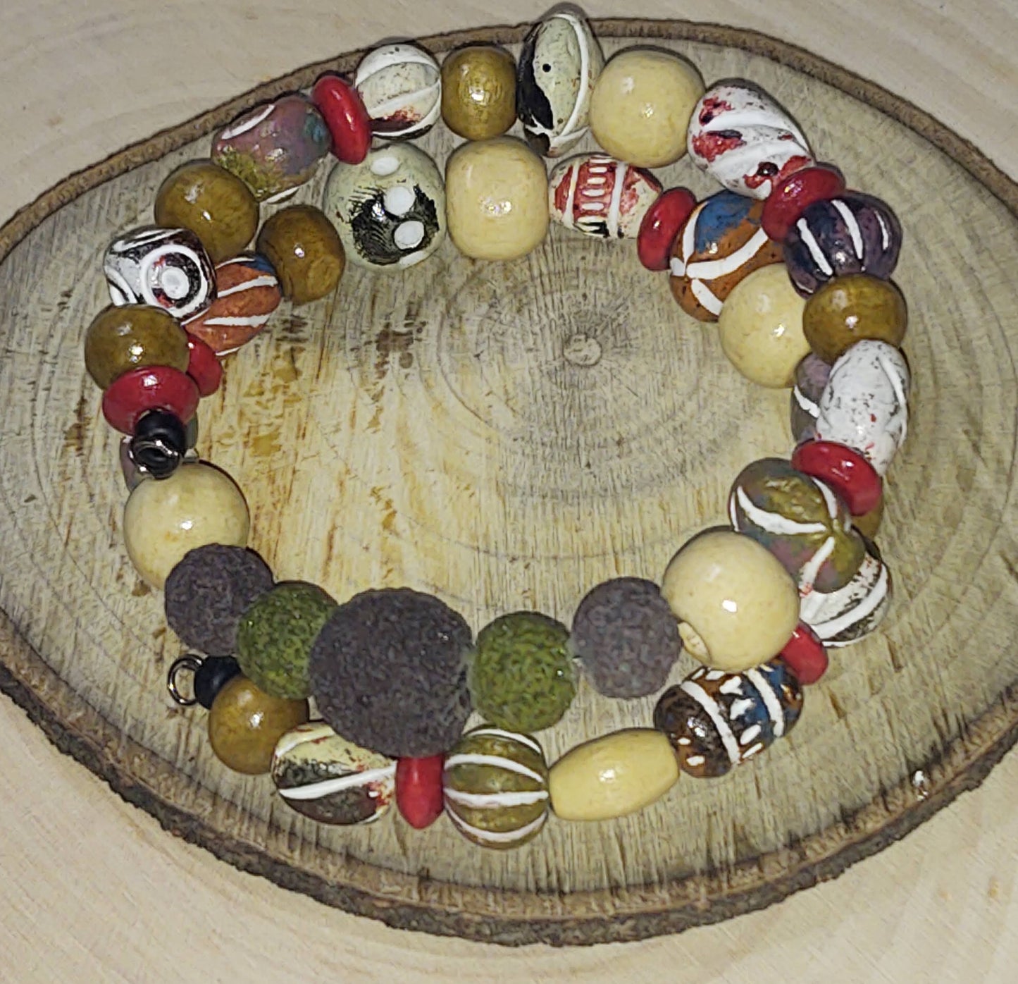 Handmade Jewelry; Lava Bead Bracelet on Memory Wire; Clay Beads; Wood Beads; Tina Lucas; The Cool Collective; Woman-Owned Small Business