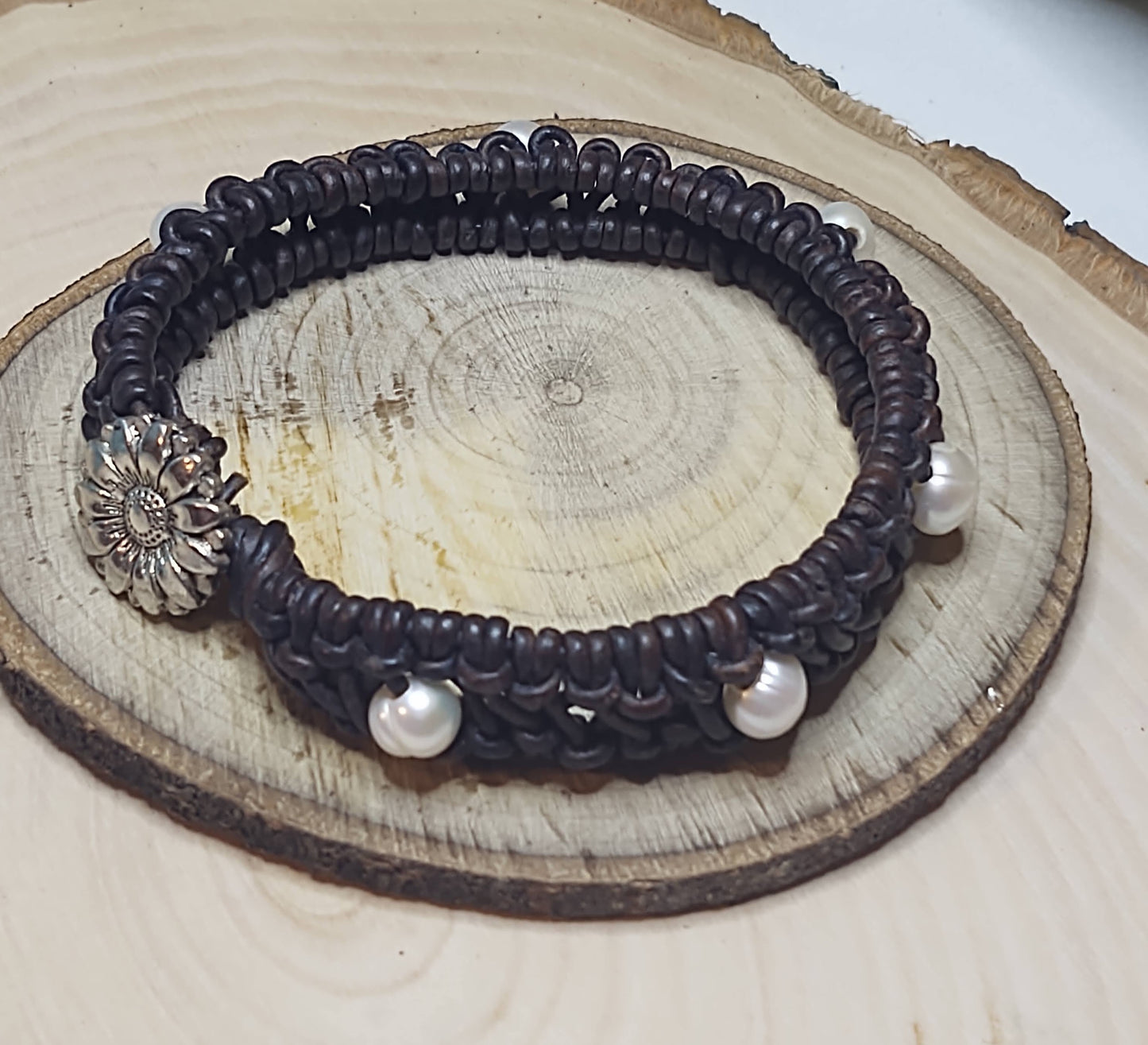 Handmade Jewelry; Pearls; Woven Natural Blue Leather; Leather; Bracelet; Tina Lucas; The Cool Collective; Woman-Owned Small Business