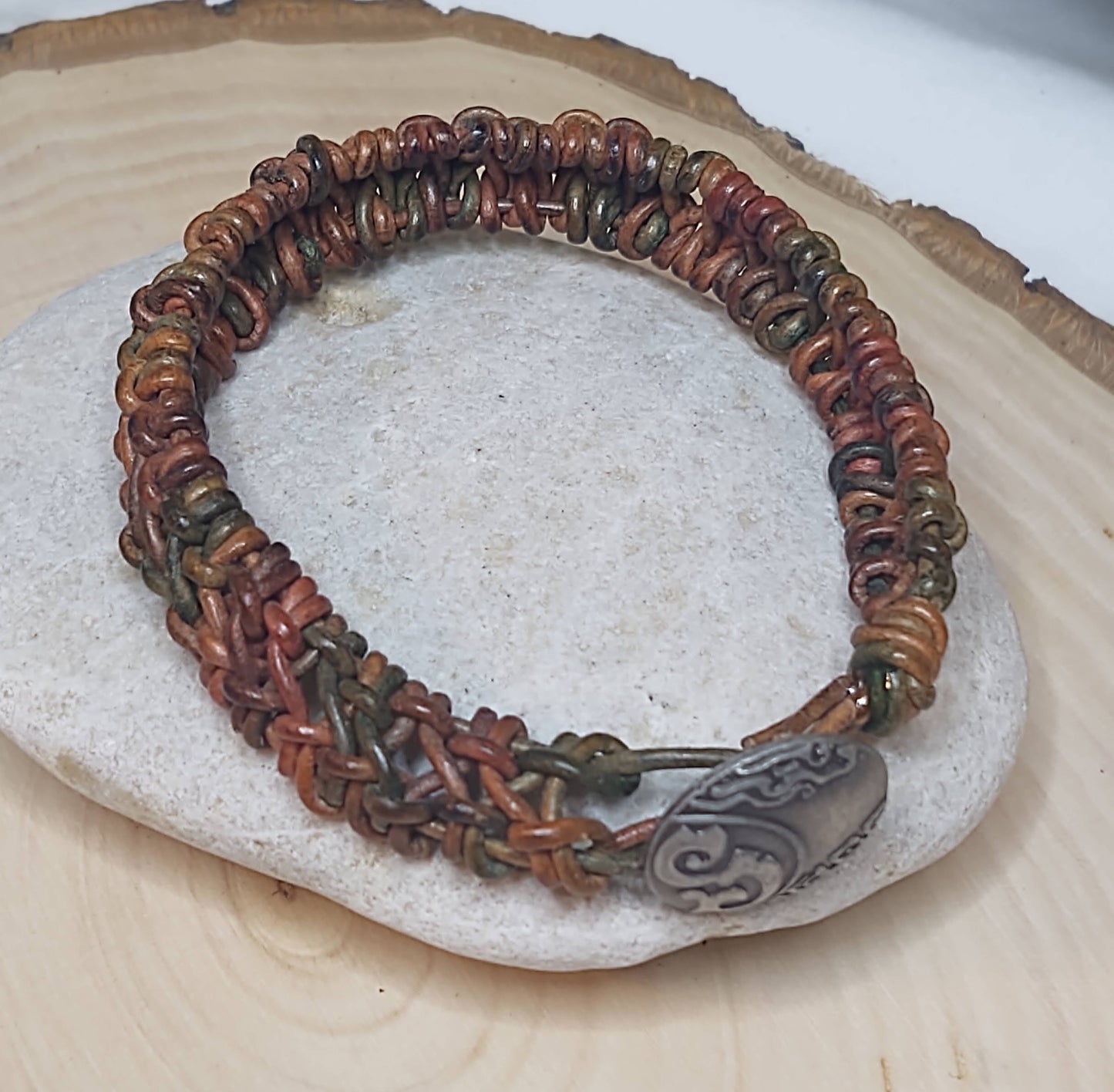 Handmade Jewelry; Woven Bracelet; Ombre Green to Rust Leather; Silver Tone Button; Tina Lucas; The Cool Collective; Woman-Owned Small Business