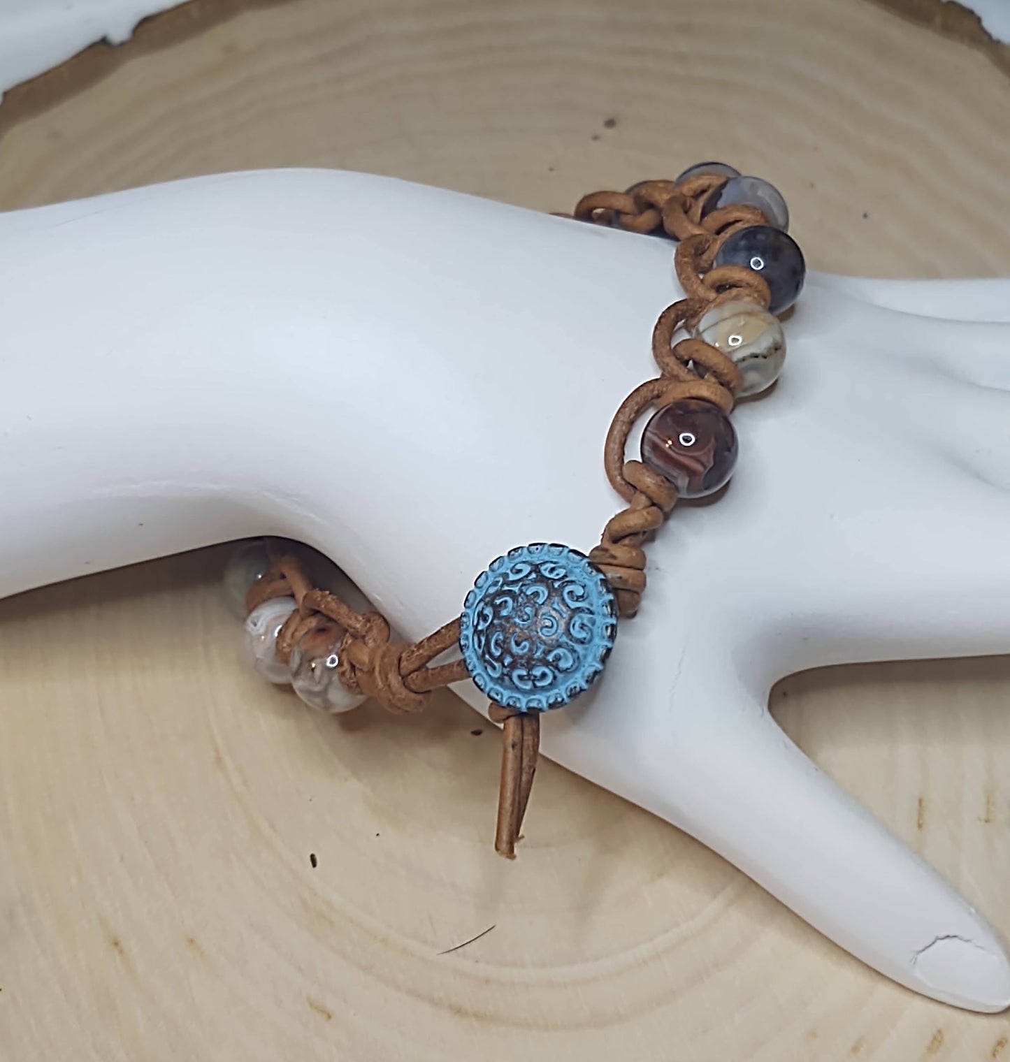 Handmade Jewelry; Sea Sediment Jasper; Natural Tan Leather; Blue Patina Metal Button; Tina Lucas; The Cool Collective; Woman-Owned Small Business