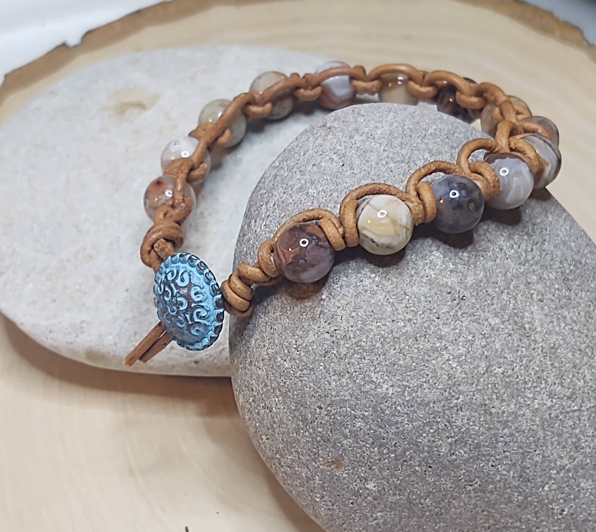 Handmade Jewelry; Sea Sediment Jasper; Natural Tan Leather; Blue Patina Metal Button; Tina Lucas; The Cool Collective; Woman-Owned Small Business