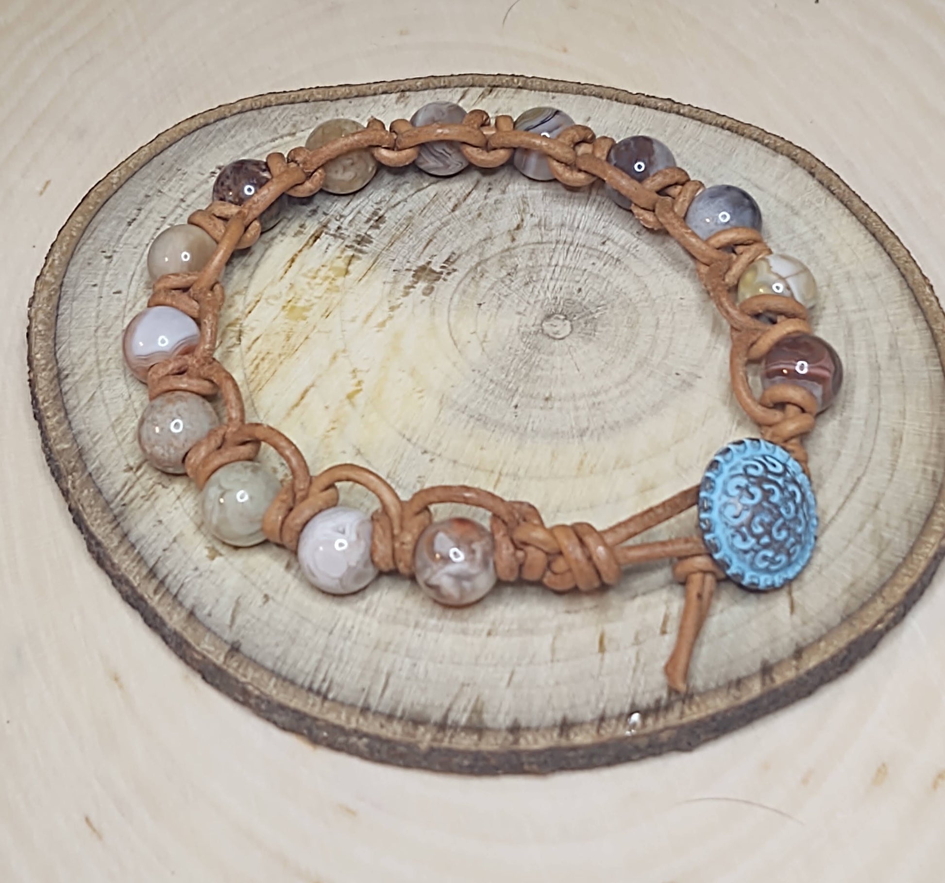 Handmade Jewelry; Sea Sediment Jasper; Natural Tan Leather; Blue Patina Metal Button; Tina Lucas; The Cool Collective; Woman-Owned Small Business