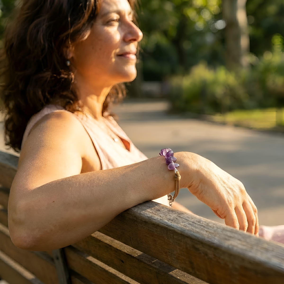 Amethyst Paddles on Natural Tan Leather Bracelet