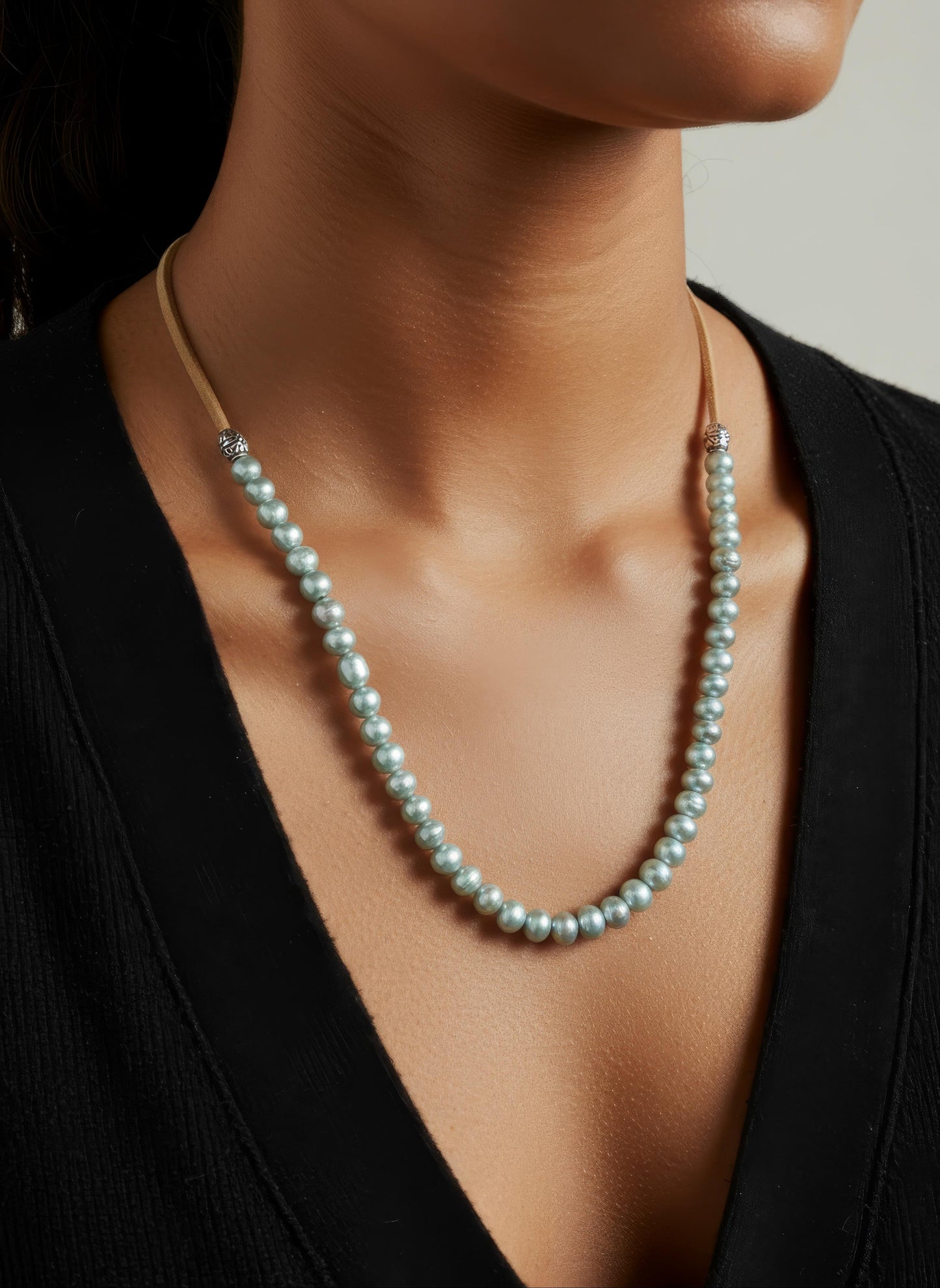 Blue Button Freshwater Pearls Necklace on Cream Leather; Adjustable Necklace