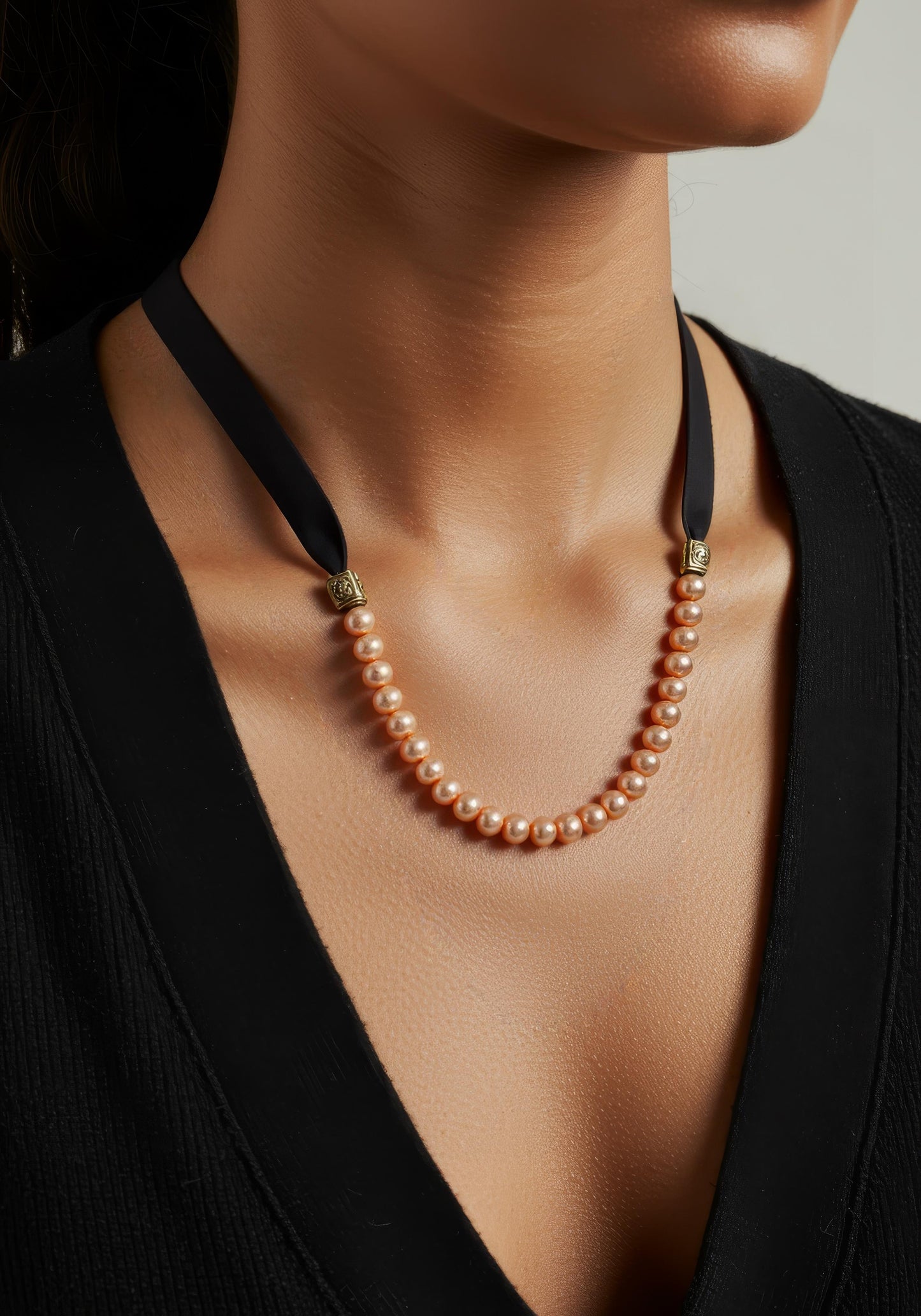 Champagne Pearls and Dark Brown Leather Necklace