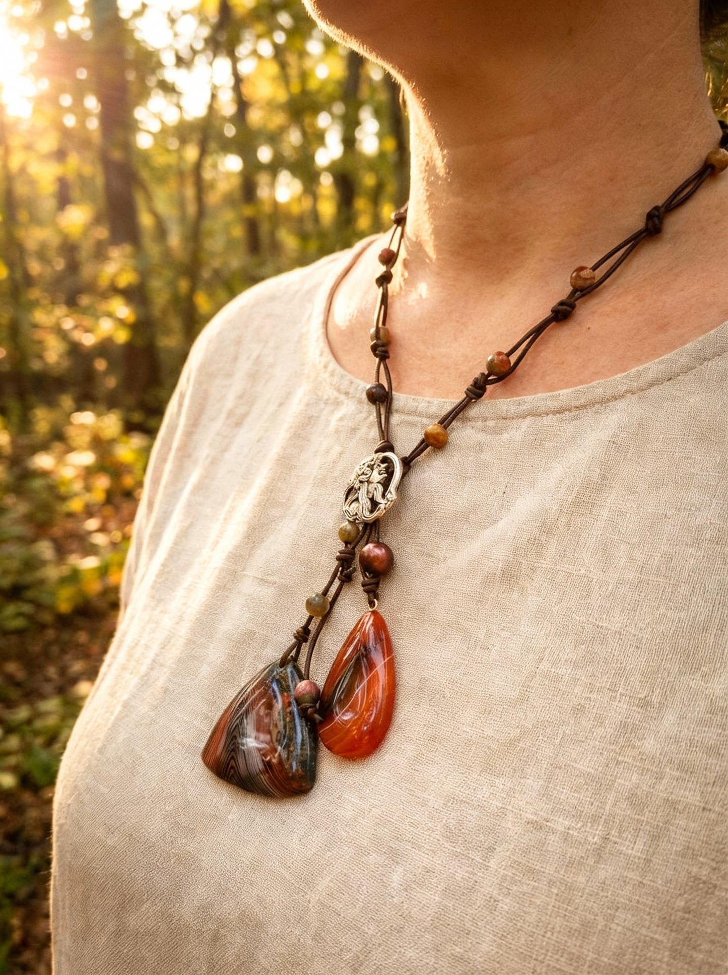 Dual Focal Stones of Banded Agate, Leather & Jasper Adjustable Length Necklace