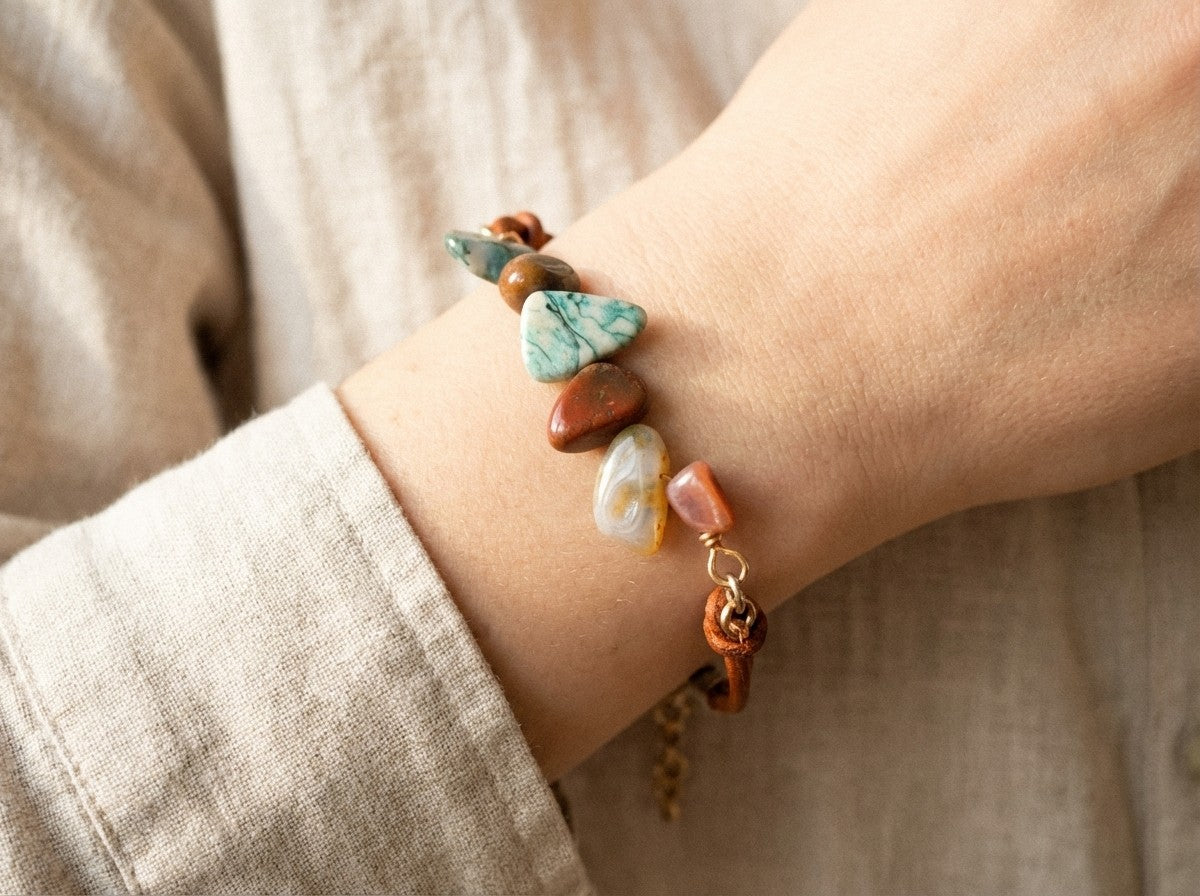 Fancy Jasper Paddles with Medium Brown Leather Bracelet
