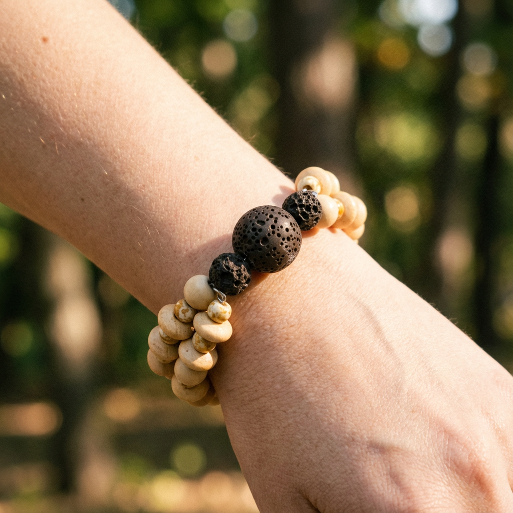 LAVA - Cream Toned Wood and Speckled Cream Glass Beads Bracelet