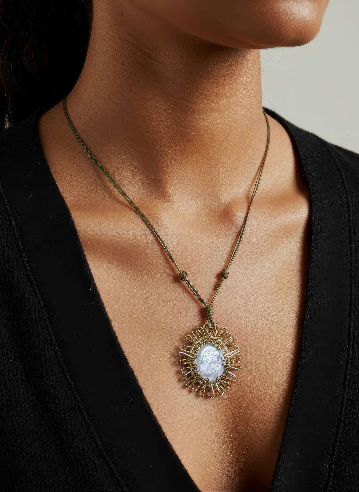 Wire-Wrapped Mother of Pearl Cameo on Olive Green Leather Adjustable Style
