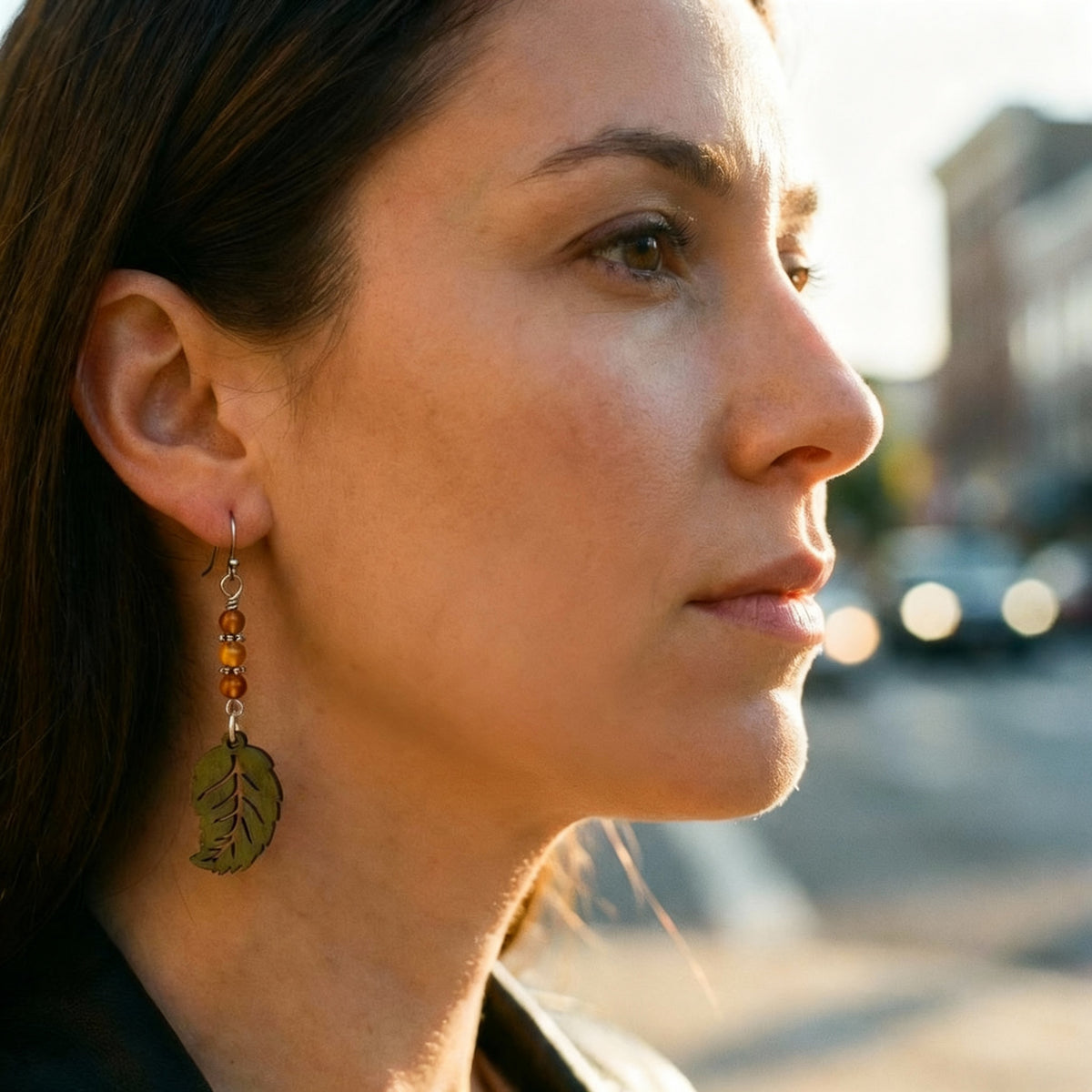 Laser Cut Wood Leaves Painted Olive Green With Carnelian on Stainless Steel Ear WIres