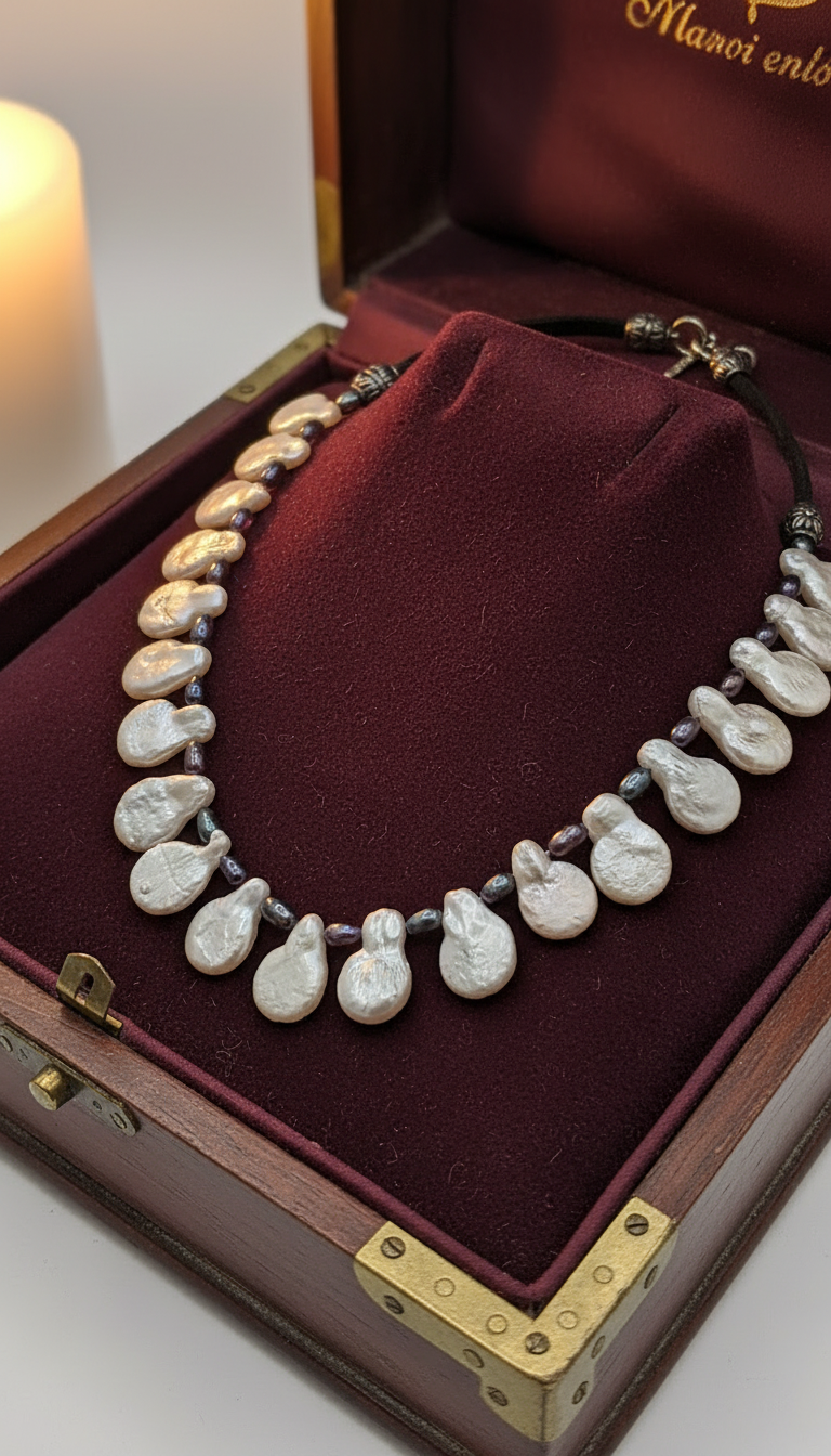 White Paddle and Peacock Rice Pearls and Brown Leather Necklace