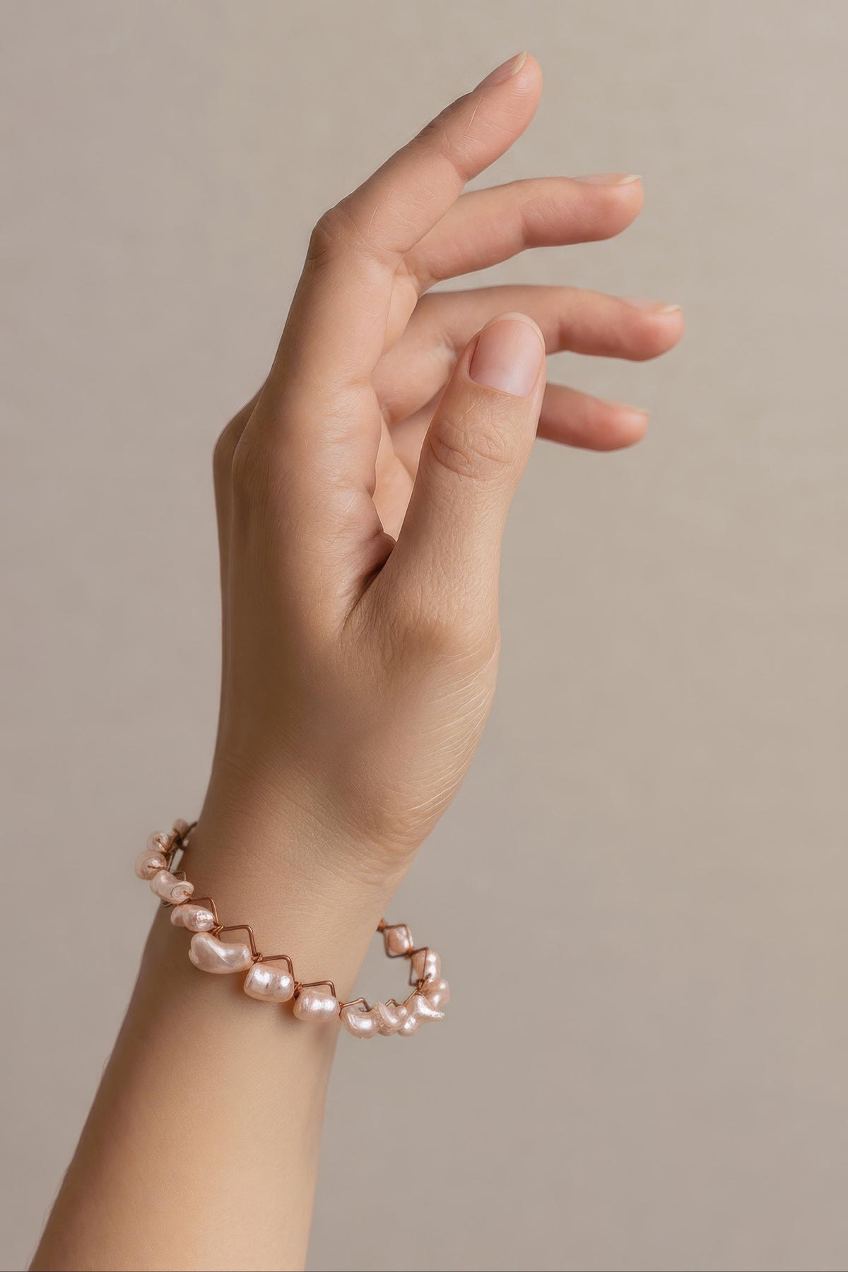 Pink-Peach Pearls Wire Wrapped on a Copper Frame Bangle Bracelet