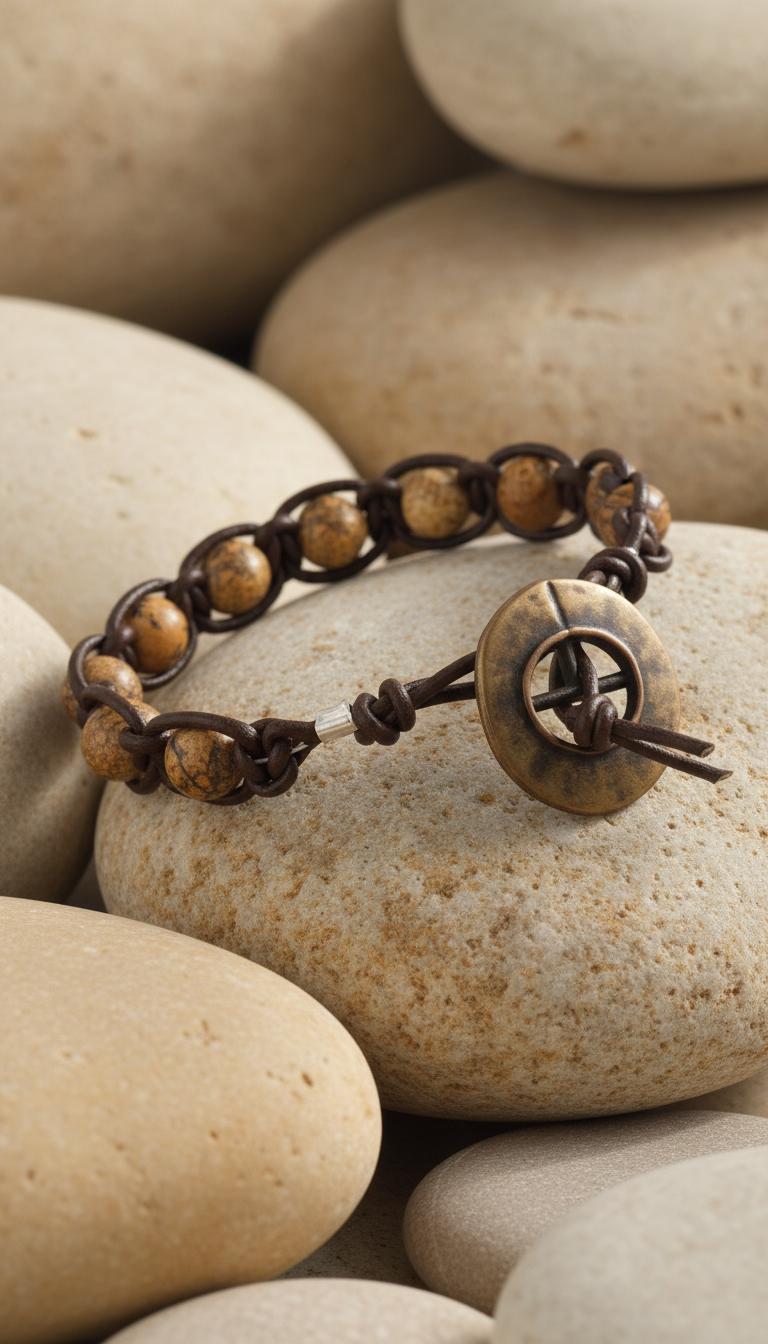 Picture Jasper & Dark Brown Leather Macrame With Nautical Button