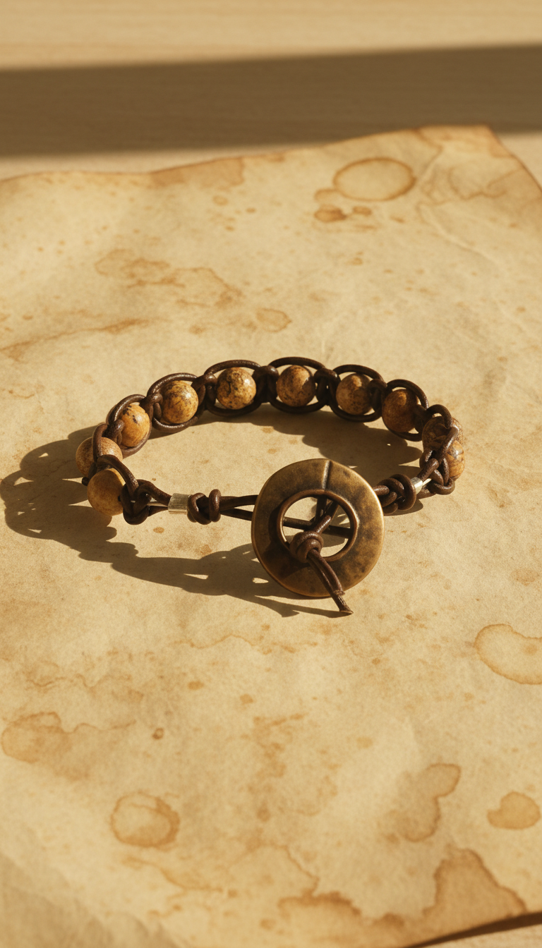 Picture Jasper & Dark Brown Leather Macrame With Nautical Button