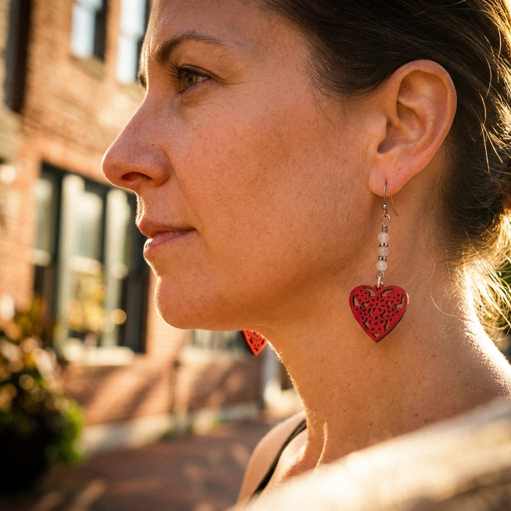 Red Laser Cut Wood Heart and White Quartzite on Stainless Steel Ear Wires
