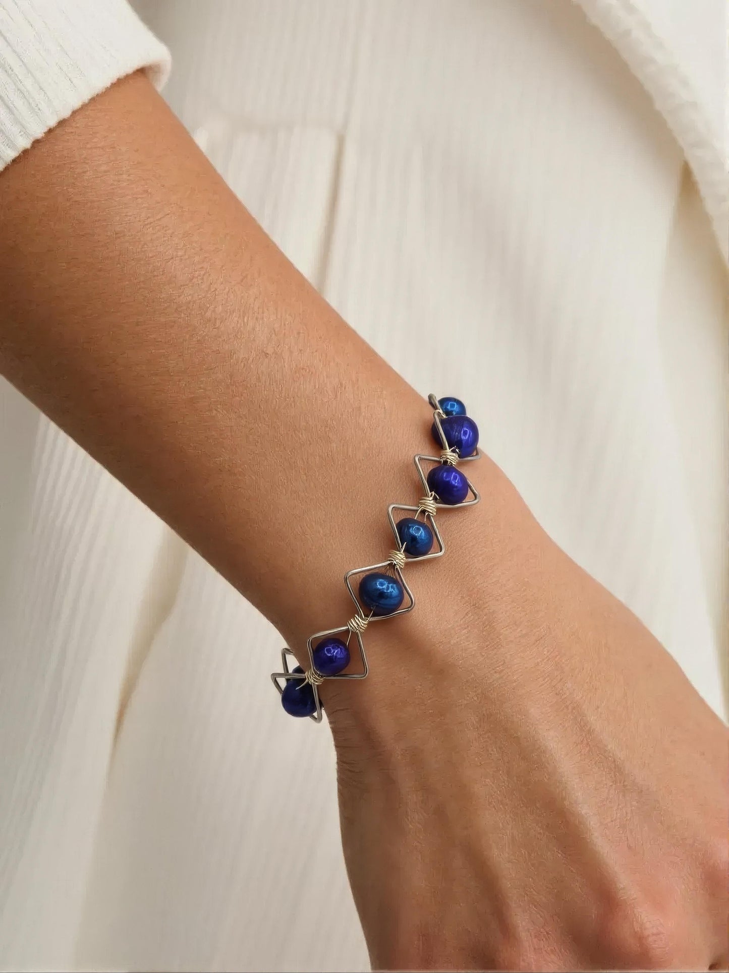 Royal Blue Pearls on Wire Wrapped Silver Frame Bangle Bracelet