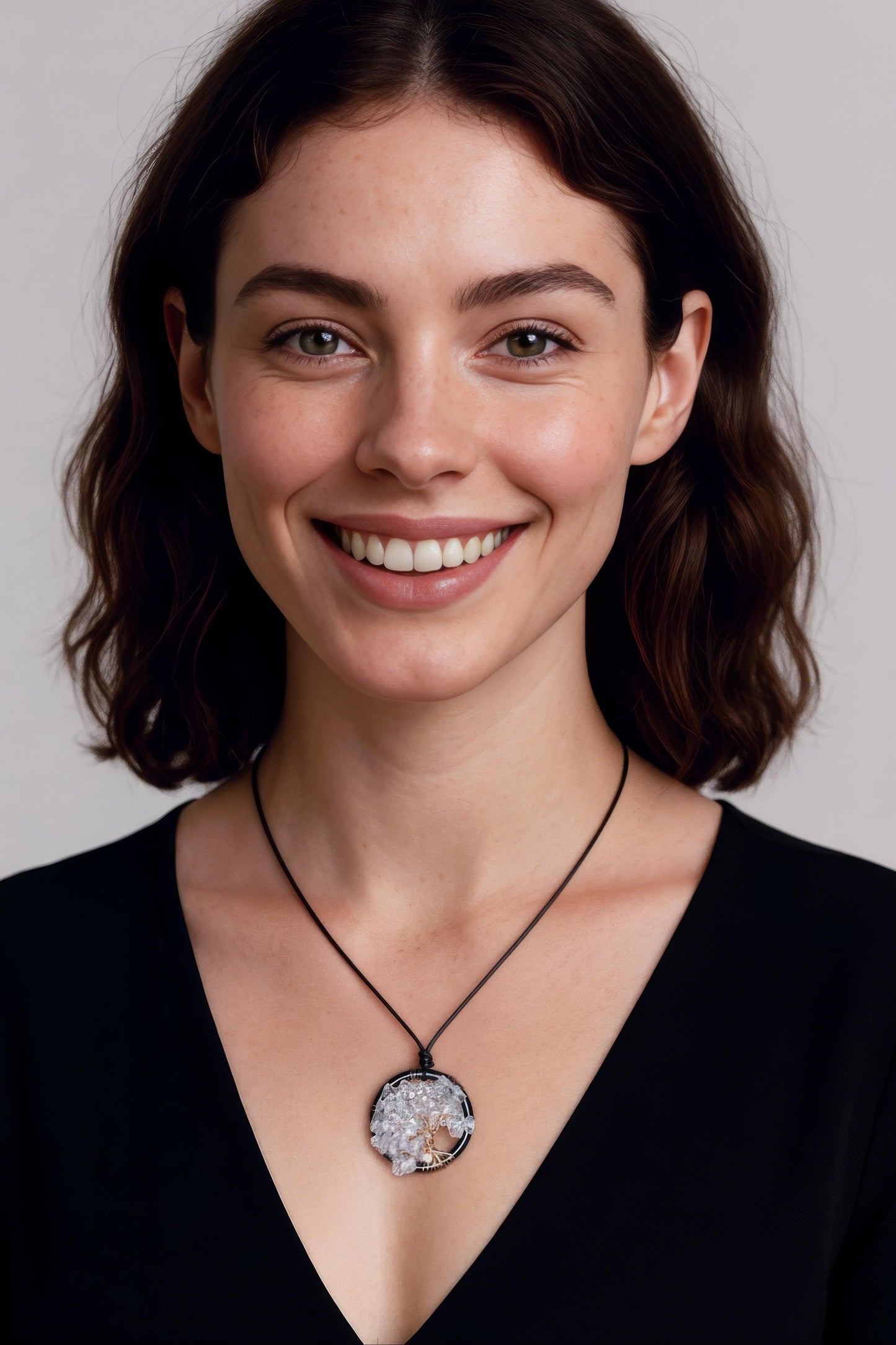 Rock Crystal Quartz Tree of Life Pendant on Black Tone Frame on Black Leather - Adjustable Style