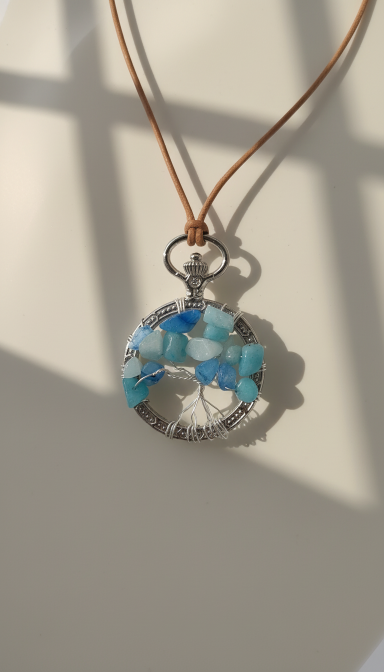 Blue Quartzite Tree of Life Pendant on Adjustable Natural Tan Leather