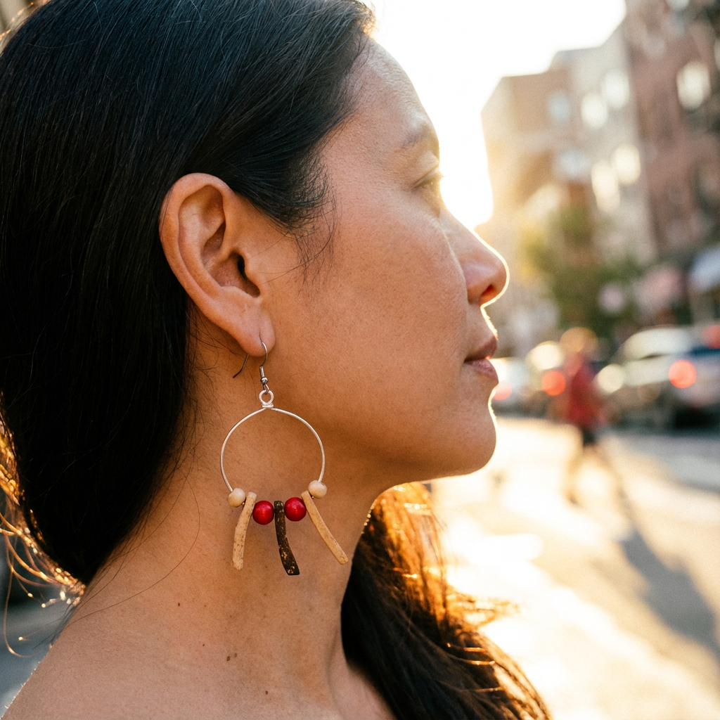 Medium Wire Wire Hoops With Cream Spikes & Red/Cream Rounds on Stainless Steel Ear Wires