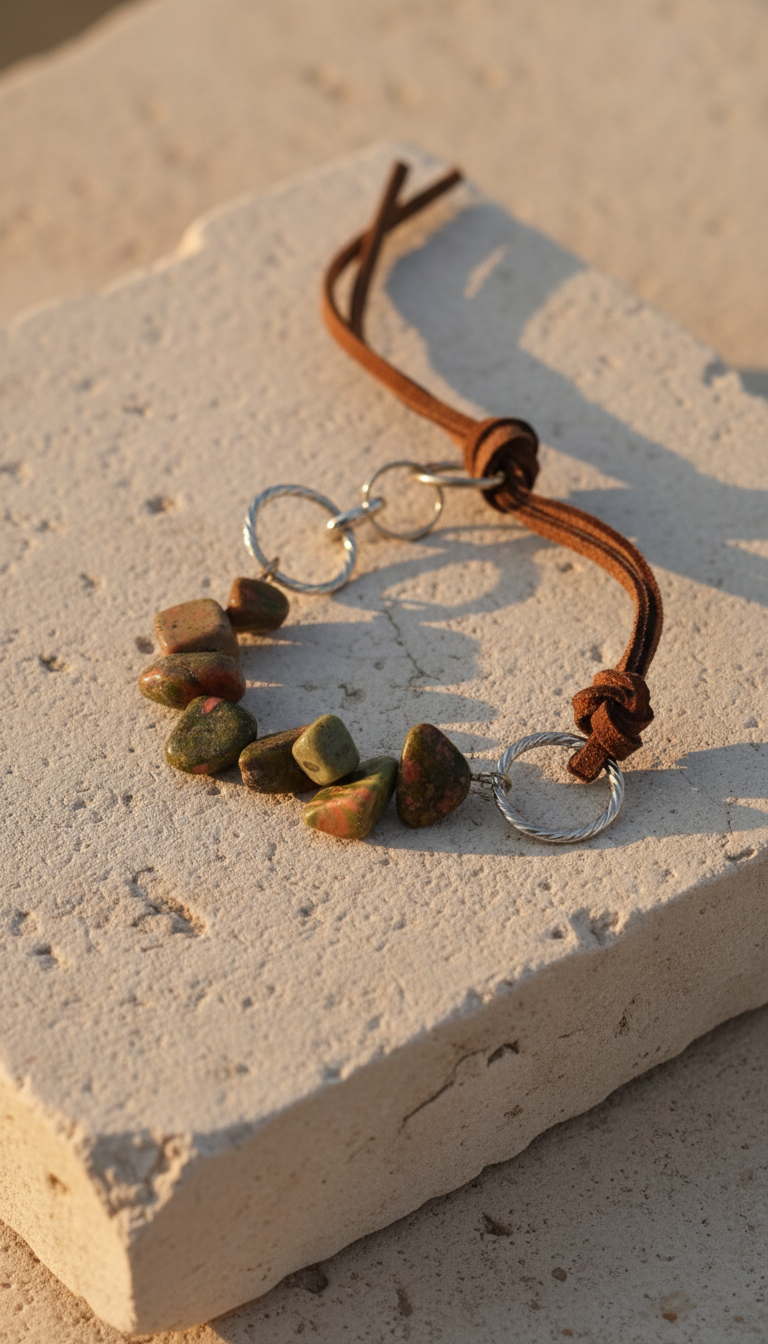 Unakite Nuggets & Dark Brown Suede Lace Adjustable Bracelet