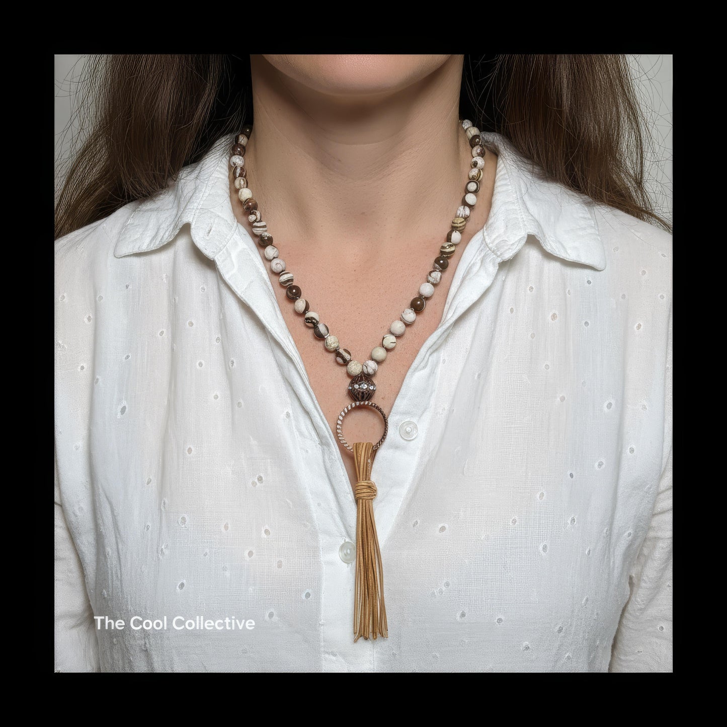 Zebra Jasper & Hematite Natural Tan Leather Tassel Necklace With Antique Copper Focal & Accents - Adjustable Style