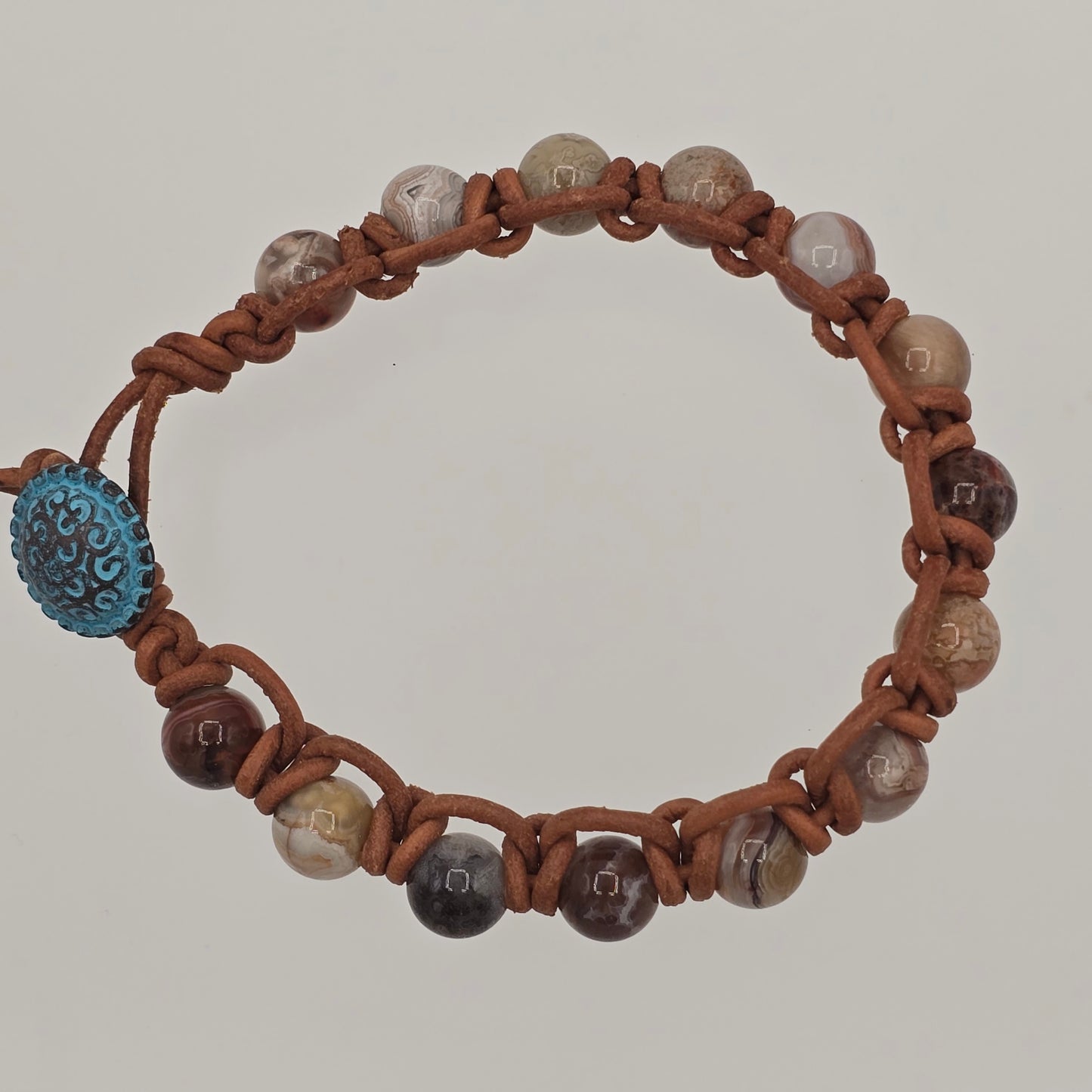 Sea Sediment Jasper on Natural Tan Leather and Blue Patina Button