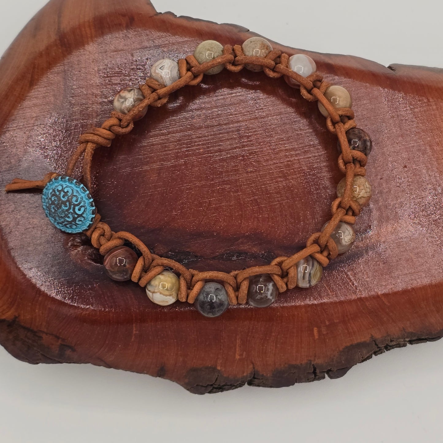 Sea Sediment Jasper on Natural Tan Leather and Blue Patina Button