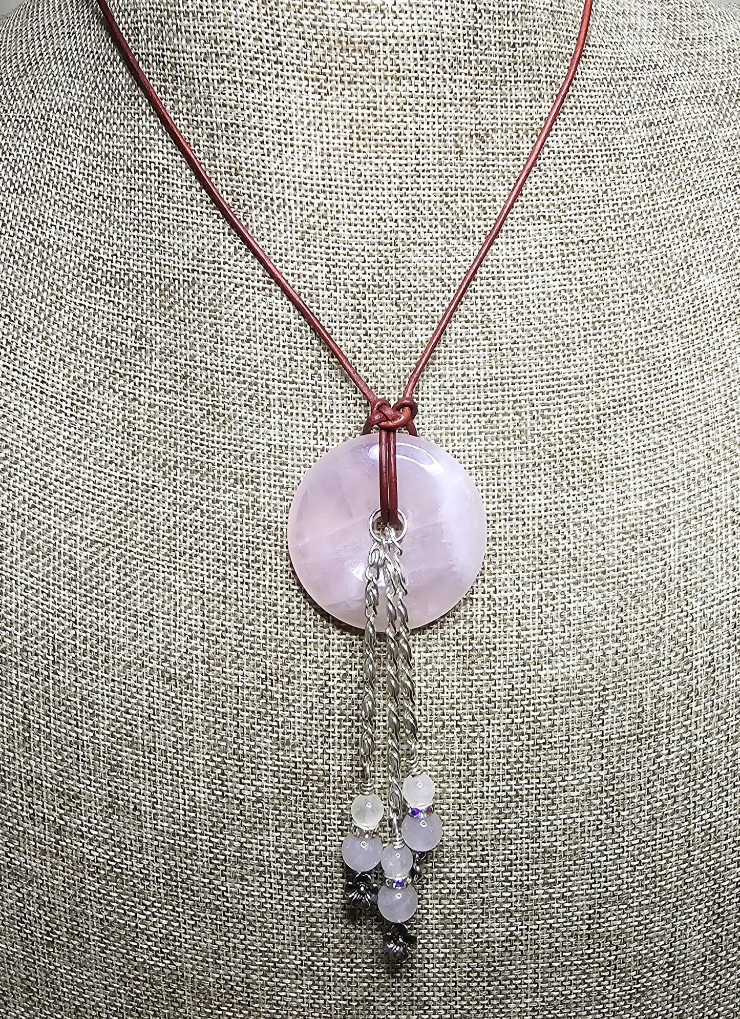 Handmade Jewelry; Rose Quartz Donut and Beads Necklace and Earrings Set; Turkish Red Leather; Adjustable Necklace; Silver Tone Chain Tassel; Tina Lucas; The Cool Collective; Woman-Owned Small Business