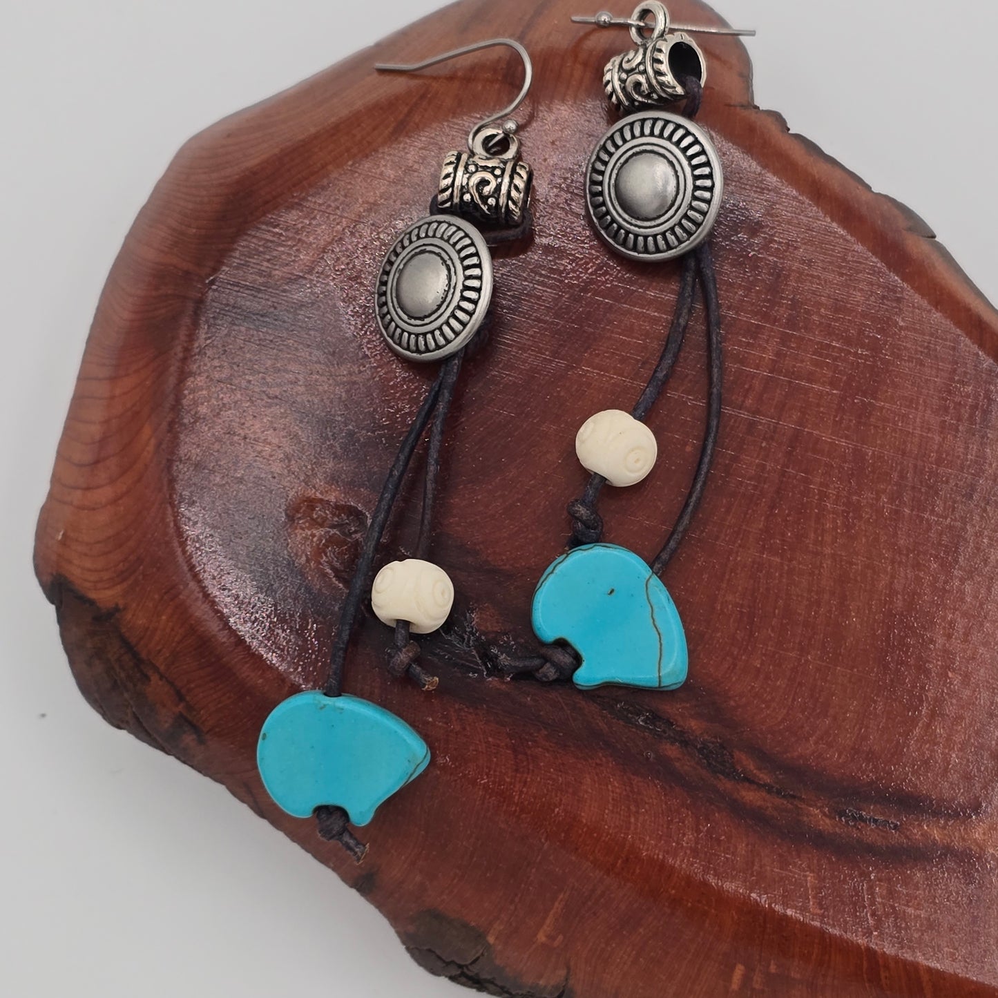 Zuni Bear Earrings with Silver Tone Button, Leather, Magnesite and Howlite