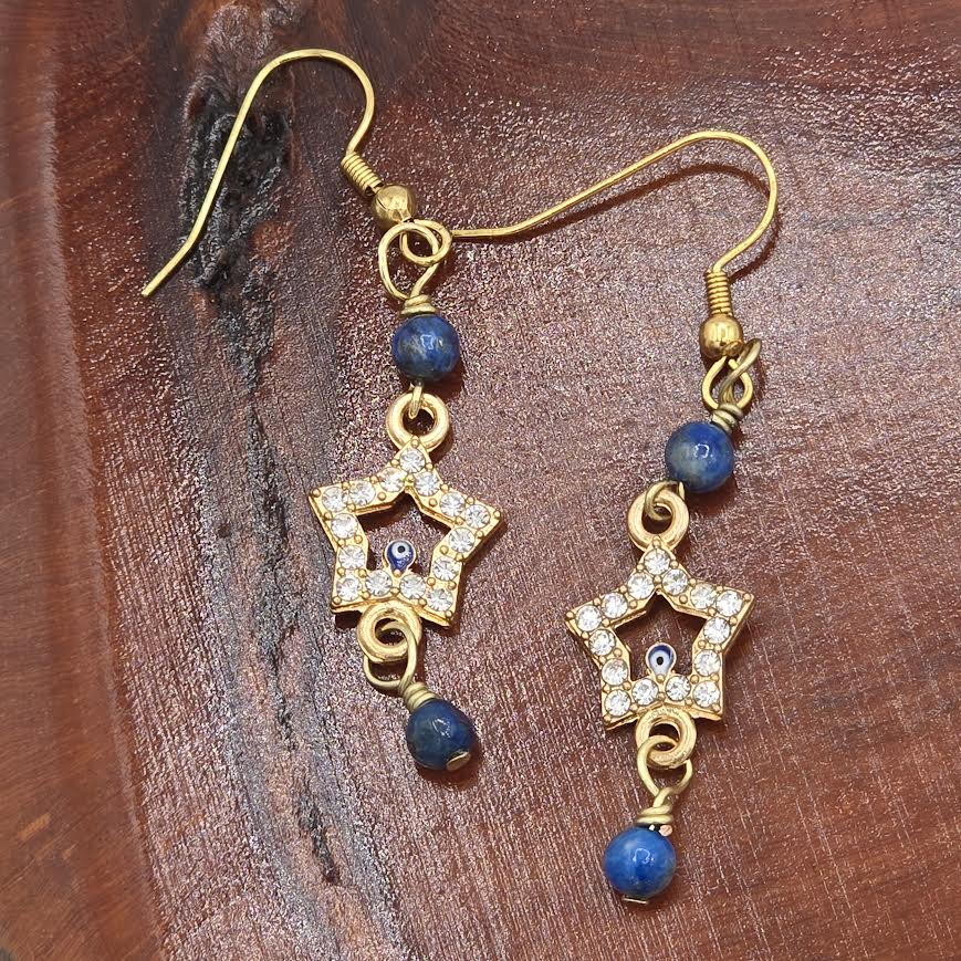 Sparkly Star With Evil Eye Protector &amp; Sodalite Earrings on Gold Tone Ear Wires