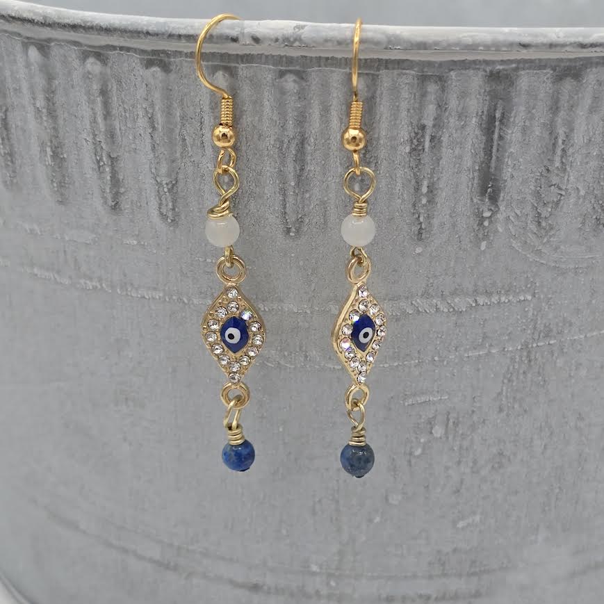 Sparkly Evil Eye Protector Earrings With White Quartzite &amp; Sodalite on Gold Tone Ear Wires