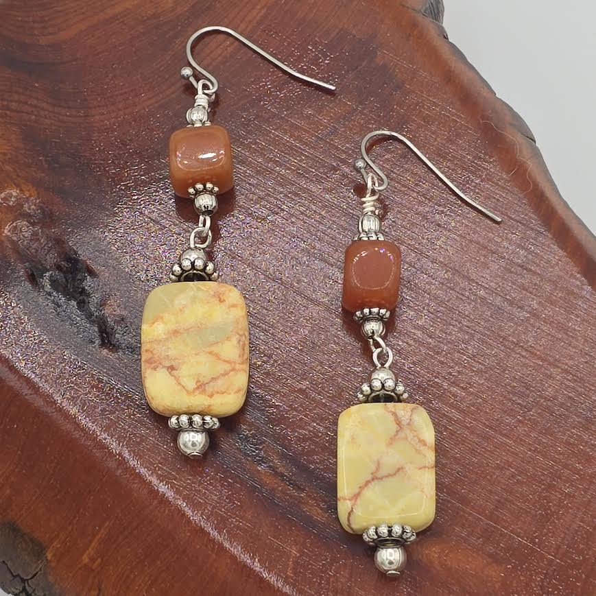 Peach Aventurine &amp; Yellow Jasper Earrings on Stainless Steel Ear Wires