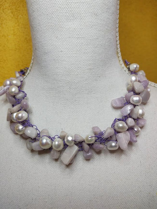 Beautiful Wire Crochet Kunzite and Pearl Necklace and Stainless Steel Chain
