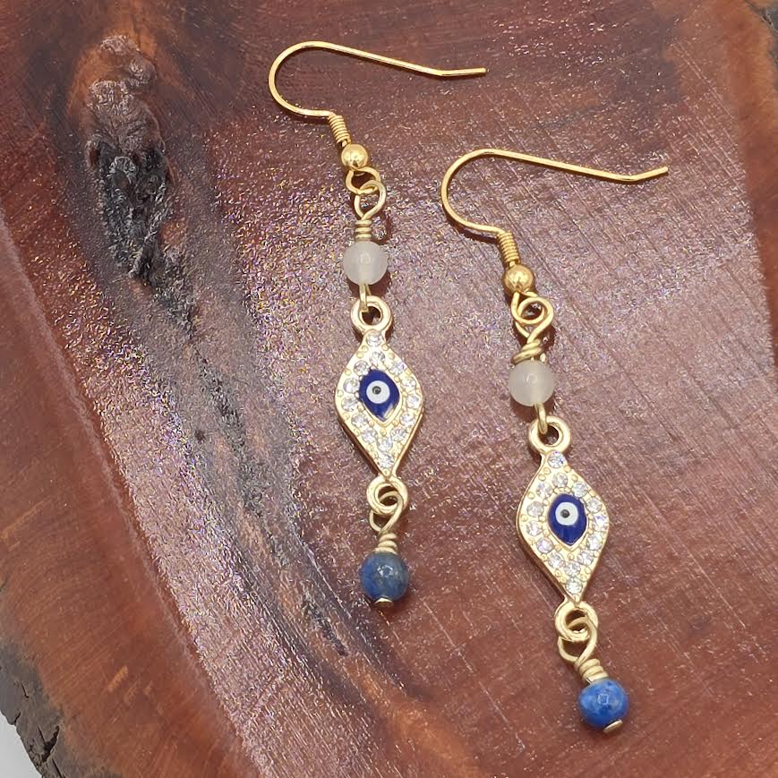 Sparkly Evil Eye Protector Earrings With White Quartzite &amp; Sodalite on Gold Tone Ear Wires