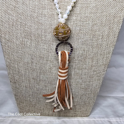 Freshwater Pearls and Antique Copper Accents & Focal Rust & Tan Leather Adjustable Tassel Necklace