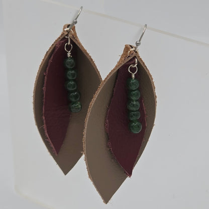Taupe & Maroon Leaves With Green Aventurine Beads on Stainless Steel Ear Wires