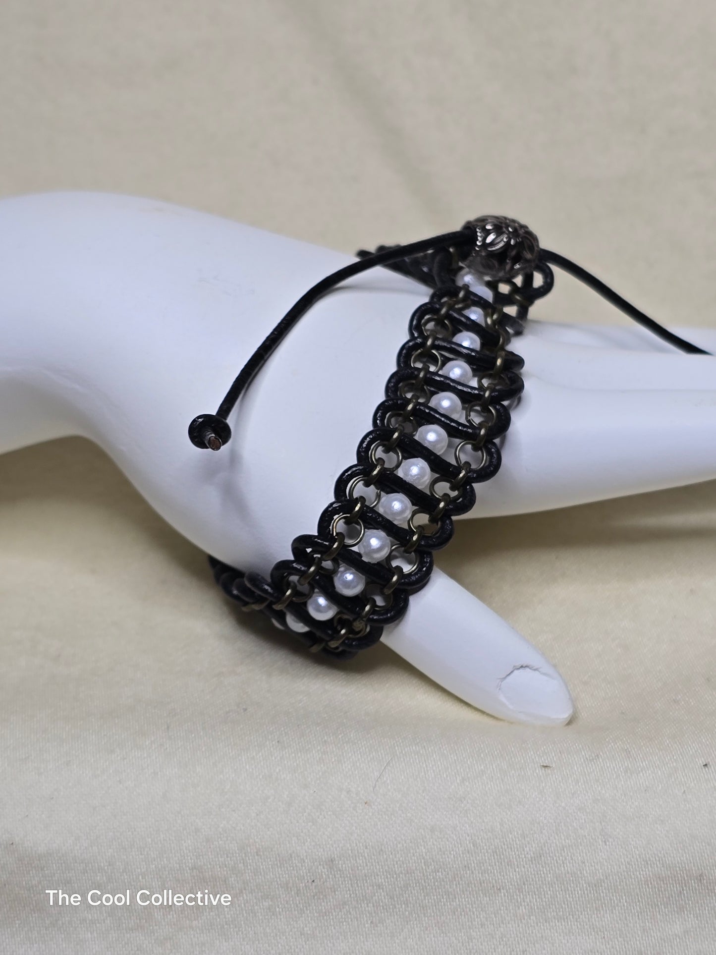 Adjustable Woven Black Leather, Olive Green Chain, Faux Pearls Bracelet