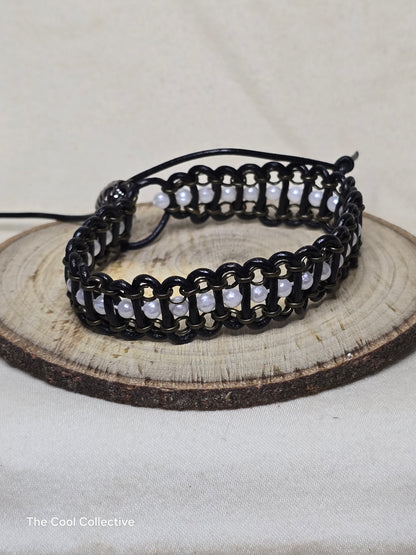 Adjustable Woven Black Leather, Olive Green Chain, Faux Pearls Bracelet