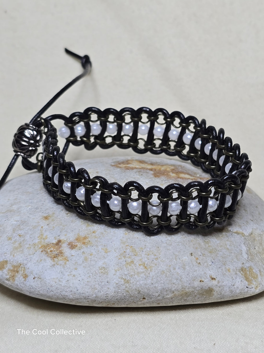 Handmade Jewelry; Leather; Antique Brass Chain; Adjustable Bracelet; Tina Lucas; The Cool Collective; Woman-Owned Small Business