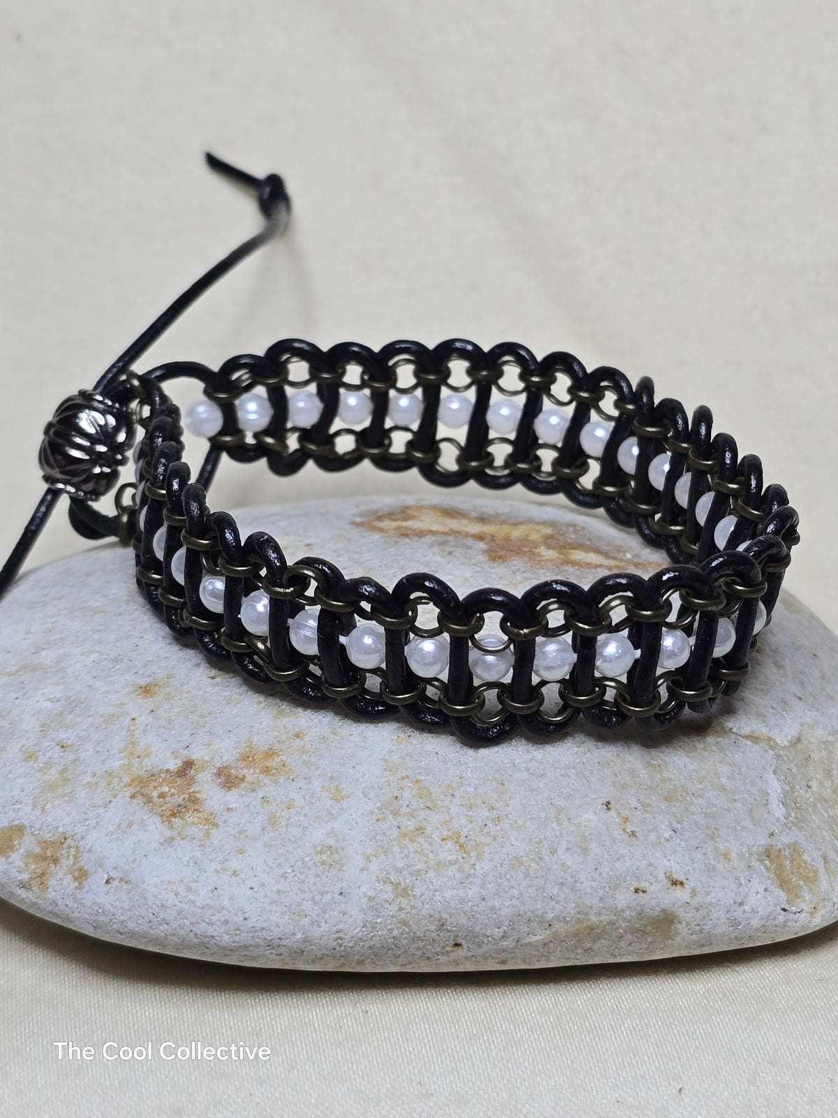 Handmade Jewelry; Leather; Antique Brass Chain; Adjustable Bracelet; Tina Lucas; The Cool Collective; Woman-Owned Small Business