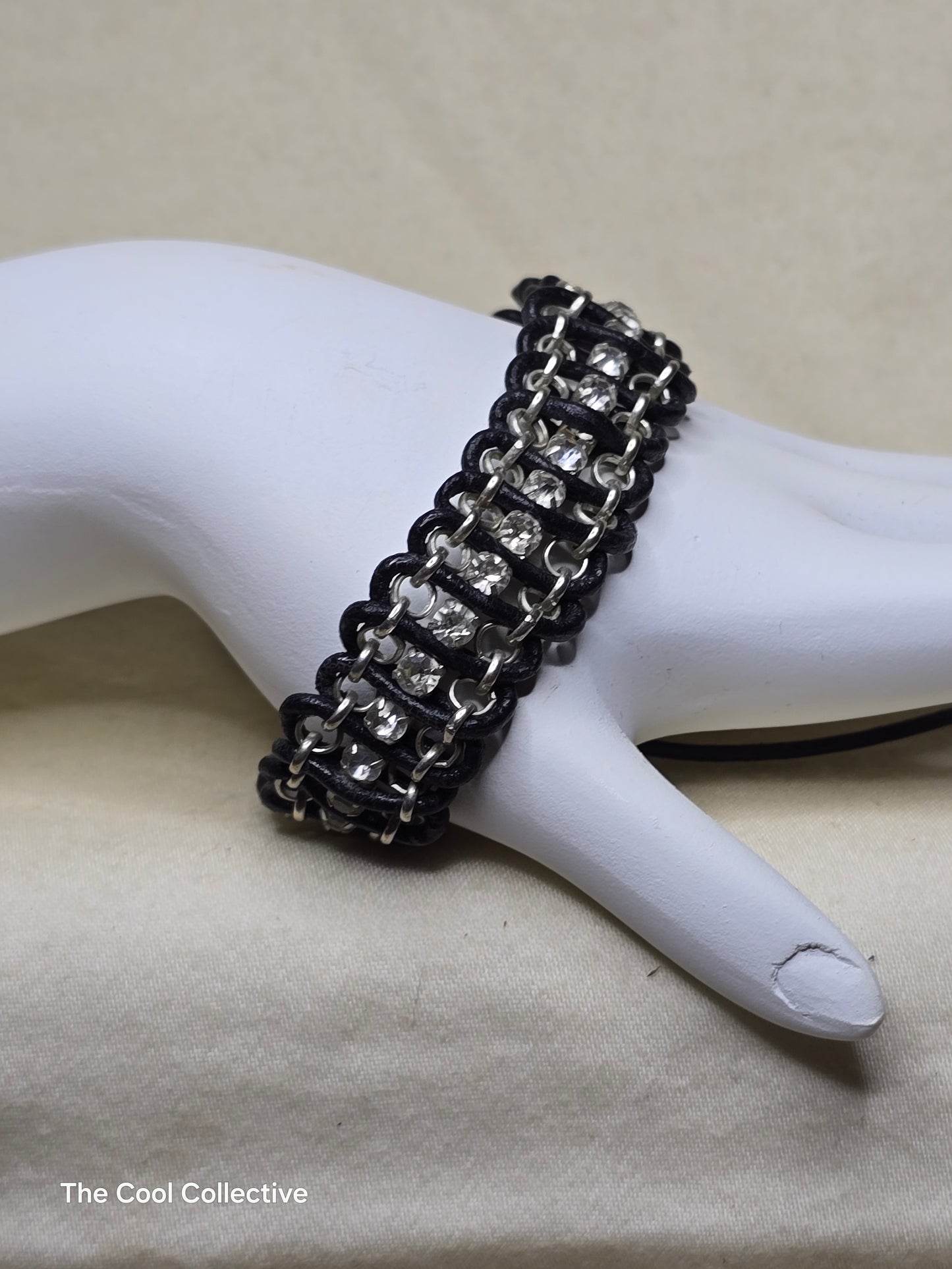 Adjustable Woven Black Leather, Silver Tone Chain, Crystal Chain Bracelet