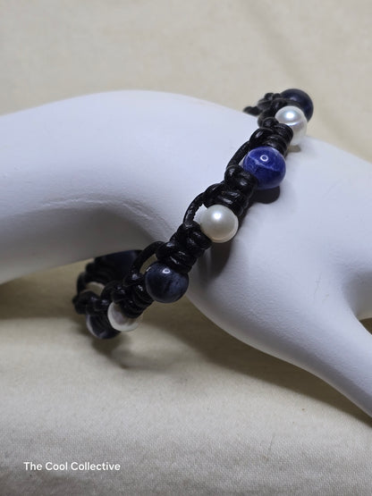 Freshwater Pearls and Sodalite on Black Leather With Metal Flower Button