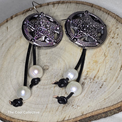 Star Button, Leather, Freshwater Pearls on Stainless Steel Ear Wires