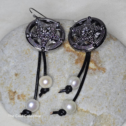 Star Button, Leather, Freshwater Pearls on Stainless Steel Ear Wires