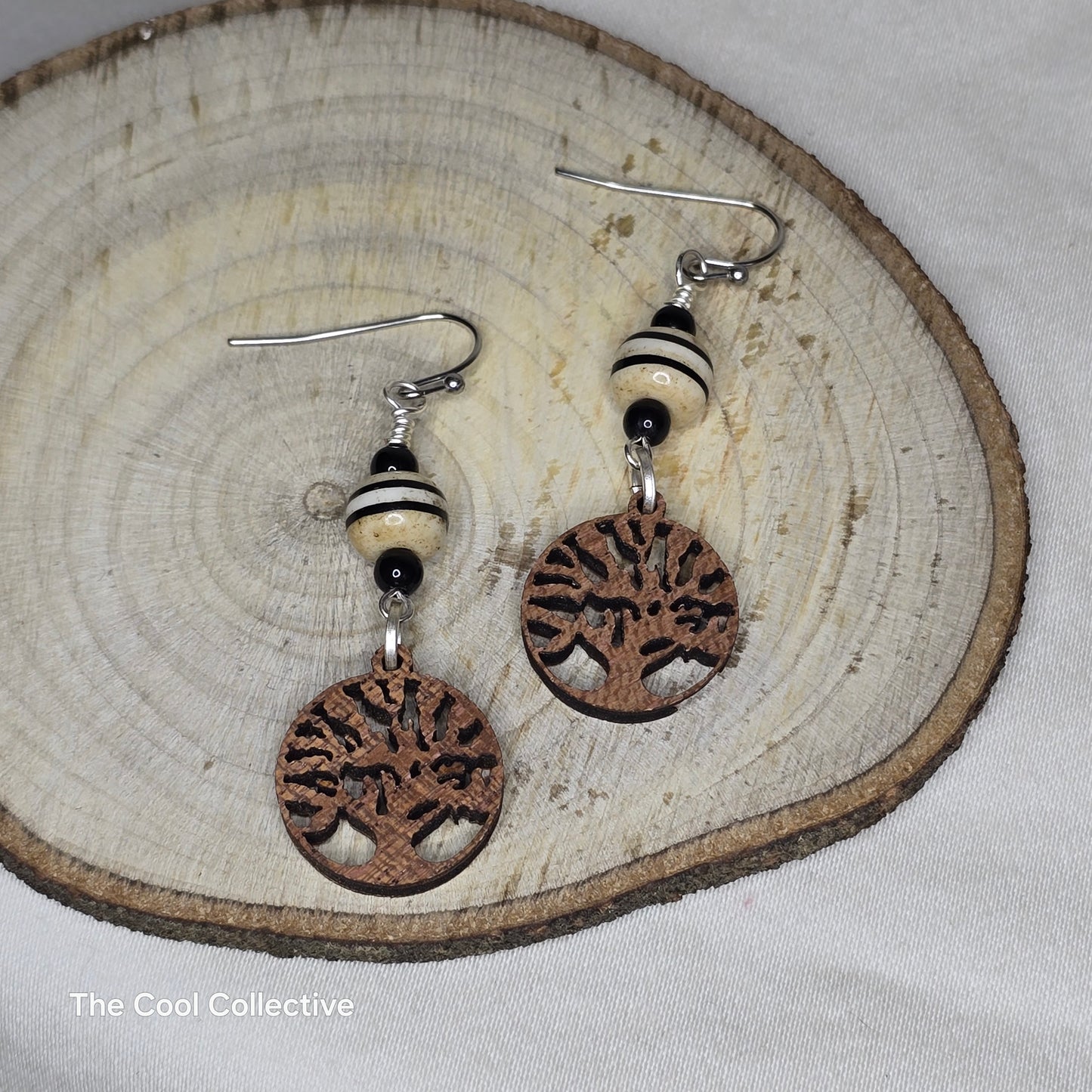 Laser Cut Wood Tree of Life With Bone & Glass Beads on Stainless Steel Ear Wires